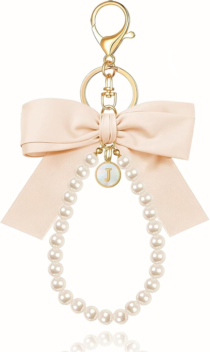 XGALBLA Initial Letter Cute Coquette Bow Keychain for Women, Wristlet Simulated Pearl Keychains Bag Charms for Handbags