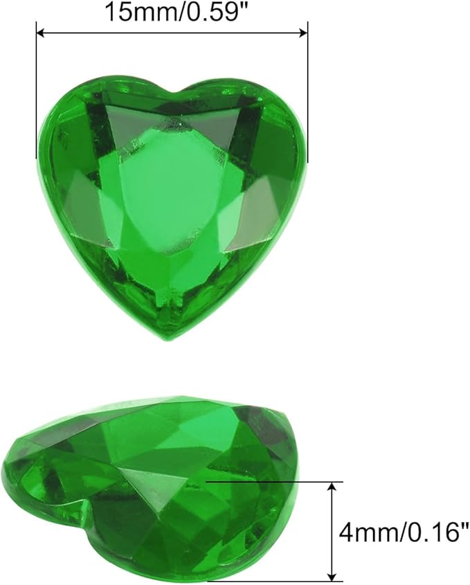 MECCANIXITY 40 Pcs Acrylic Heart Rhinestone 15mm Flat Back Plastic Gems Jewelry Stickers for Craft Bead Face Painting Costume Jewelry Making, Dark Green