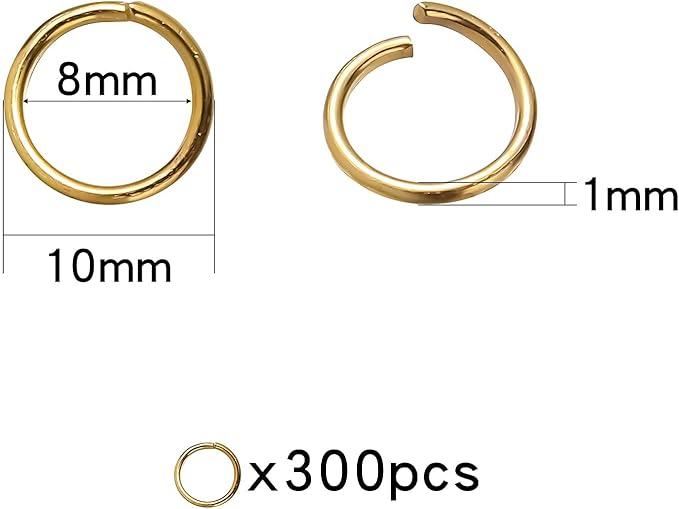300 Pcs 10mm Open Jump Rings Gold Plated Jump Rings for Jewelry Making Single Ring Bulk for DIY Craft Earring Necklace Bracelet Pendant Choker Jewelry Making Findings and Key Ring Chain (Gold, 10mm)