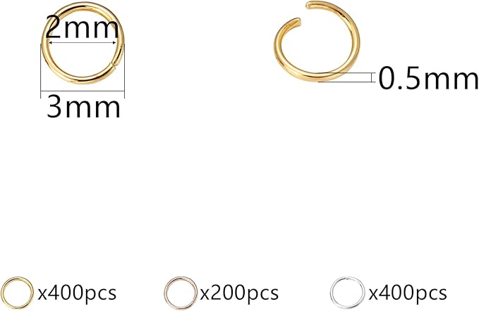 1000 Pcs 3mm Open Jump Rings Silver, Gold and Rose Gold Plated Jump Ring for Jewelry Making Iron Made Single Rings Bulk for DIY Craft Earring Necklace Bracelet Pendant Choker Jewelry Making Findings