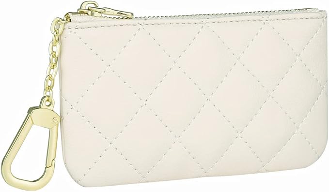 Premium Genuine Full Grain Leather Mini Coin Purse Keychain Pouch Card Holder for Men Women (Beige Quilted - LG)