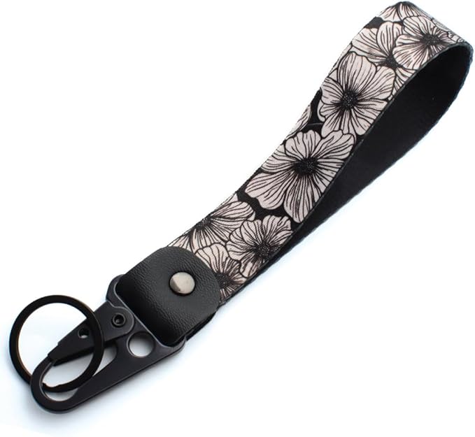 2 Pcs Classic Black & Floral Keychain Wristlet Lanyard for Women couples, Flower Wristlet Strap for Keys Hands-Free Wearable