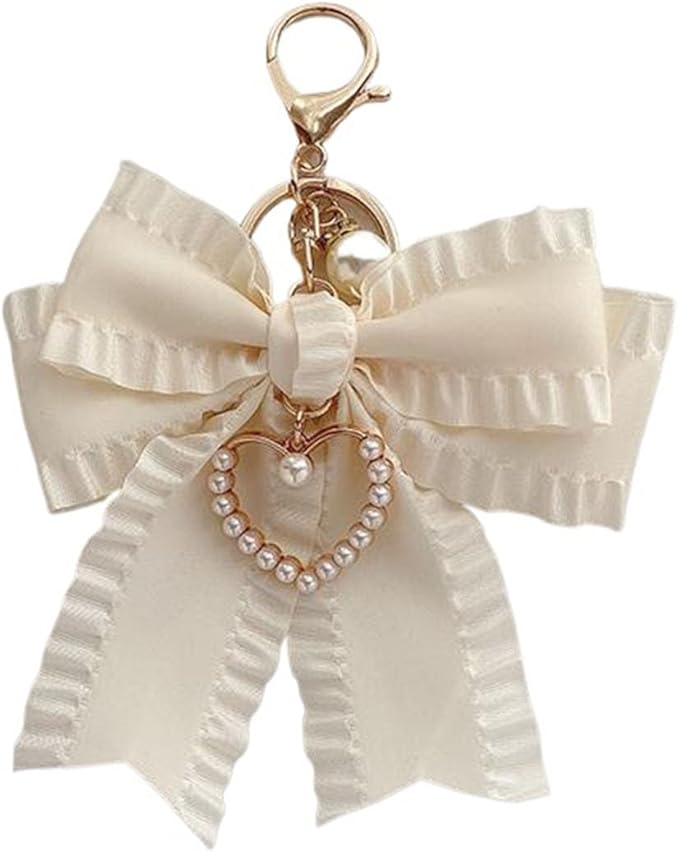 Ribbon Bowknot Bag Charms, Cute Pearl Heart Keyring Holder Purse Hanging Decorations Bag Handbag Pendant