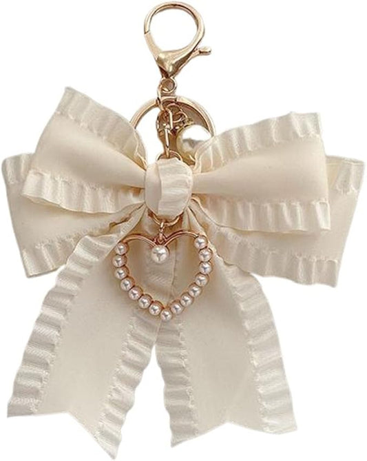 Ribbon Bowknot Bag Charms, Cute Pearl Heart Keyring Holder Purse Hanging Decorations Bag Handbag Pendant