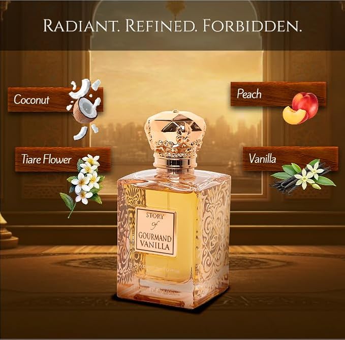 Prince Parfums Dubai – Story of Gourmand Vanilla – Women’s Extrait de Parfum 3.4 Ounces – Luxury Perfume with Coconut, Peach, Tiare Flower & Vanilla – Romantic, Sweet & Long Lasting Fragrance