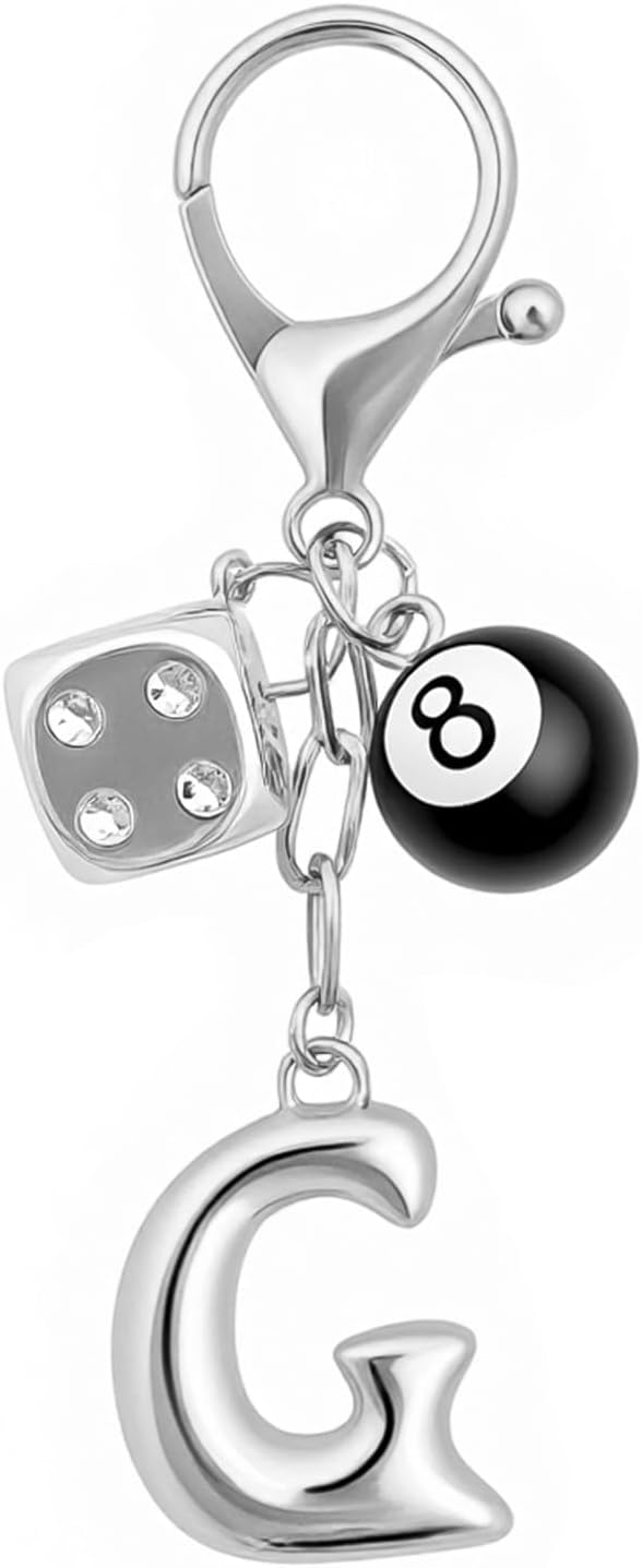 8 Ball Dice Keychain with Silver Bubble Initial - Y2K Aesthetic Cute Bag Purse Charms for Women