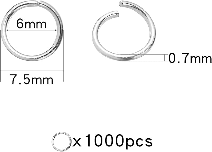 1000 Pcs 7mm Open Jump Rings Silver Plated Jump Rings for Jewelry Making Single Ring Bulk for DIY Craft Earring Necklace Bracelet Pendant Choker Jewelry Making Findings and Key Ring Chain