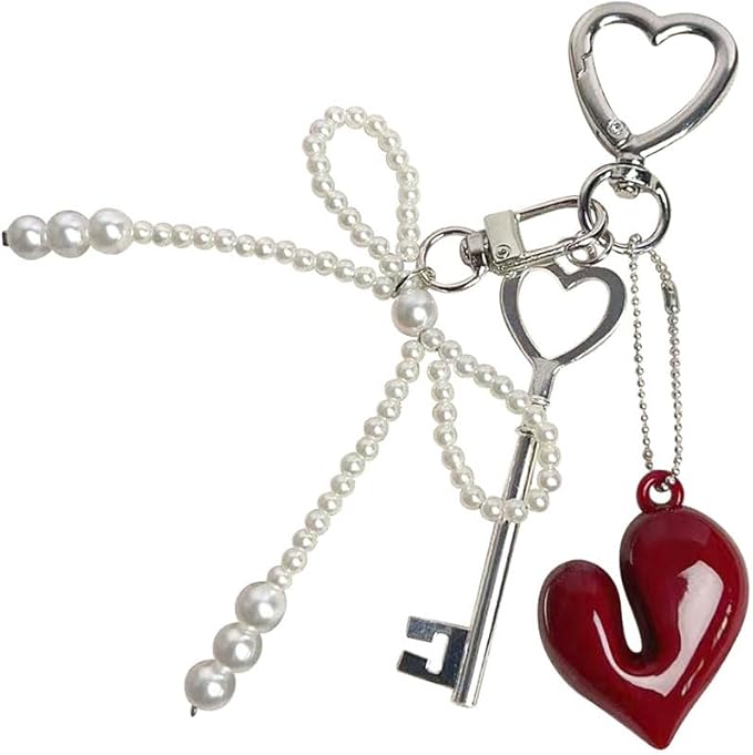 Cute Red Heart Pearl Bow Keychain Accessories, Decorative Pendant for Women's Keychain, Purse, Backpack, Handbags, Gifts