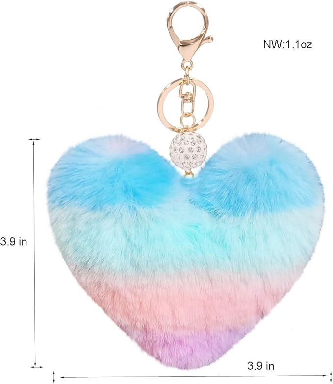 Women's Heart Faux Fur Pom Pom Key Chains Bag Accessory Puffball Keyring Backpack Charms for Girls