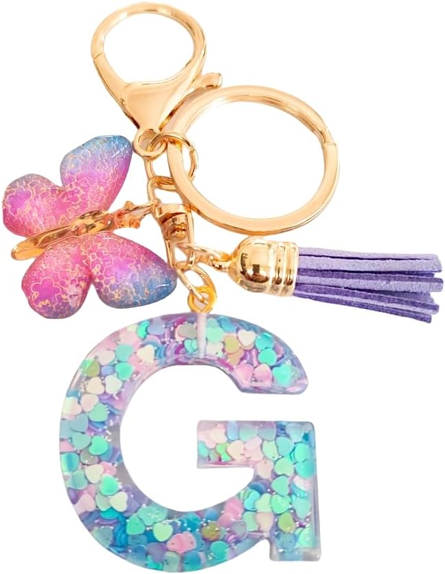 Cute Initial Letter Keychains for Women Girls Tassel Butterfly Pink Purple Green Keychain for Backpack School Bag