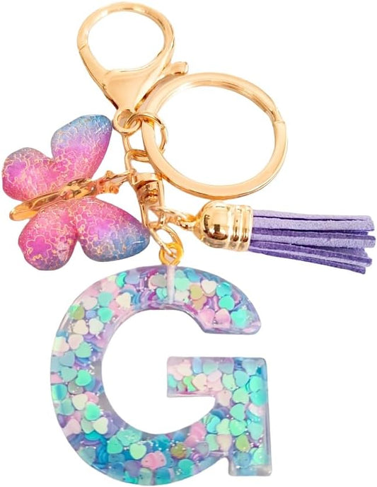 Cute Initial Letter Keychains for Women Girls Tassel Butterfly Pink Purple Green Keychain for Backpack School Bag