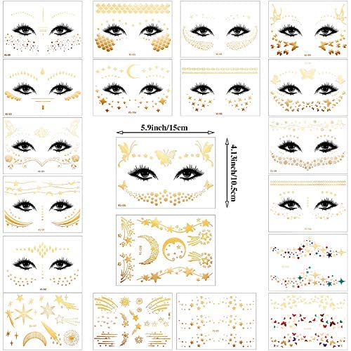 Zonon 20 Sheets Gold Glitter Freckles Face Tattoo Sparkle Face Makeup Patches Metallic Face Tattoo Sticker Temporary Transfer Tattoo Parties Decor for Halloween Christmas Women Makeup Dancer Costume
