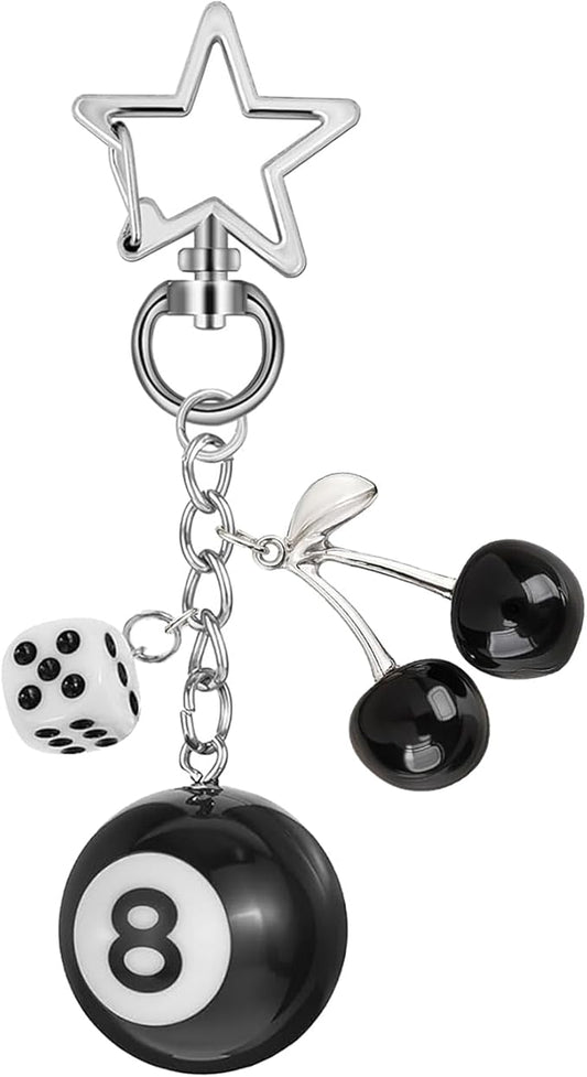 Lucky Dice Cherry Magic 8 Ball Keychain Billiard Ball Star Cherry Bags Charms Cute Y2k Keychain for Women Men