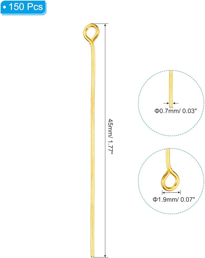 PATIKIL 45mm Open Eye Pins, 150Pcs 23 Gauge Metal Head Pins Needles Eye Pins for Jewelry Making Findings Earring Necklace Bracelet DIY Crafts, Gold Tone