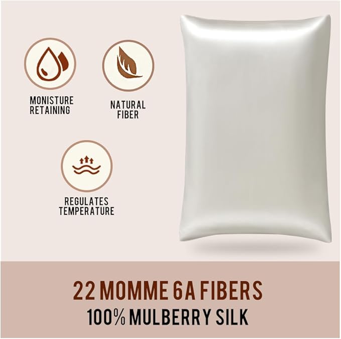 STONECREST Silk Pillowcase, 100% Organic Mulberry Silk, Real 22 Momme 6A Grade, Oeko-Tex Certified, Luxury Pillow Cover for Hair & Skin, with Hidden Zipper(1 Pc Standard 20x26, Beige)