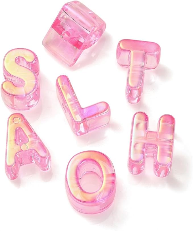 DanLingJewelry 90Pcs Random Hot Pink Large Letter Alphabet Beads UV Plated Iridescent Acrylic A-Z Beads for Jewelry Making Bracelets Key Chains