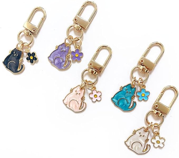 Cat Keychain For Women, Enamel Flower Shell Pearl Colorful Flow Hemp Cartoon Small And Cute Charm Gift Accessories