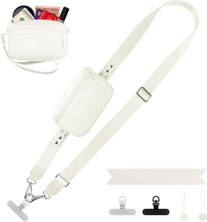 Clip and Go Strap for Phone with Wallet Crossbody, Adjustable Phone Lanyard with Detachable RFID Wristlet Wallet & Ultra-Thin 360° Rotatable Metal Tabs for All Smartphones (Cream)