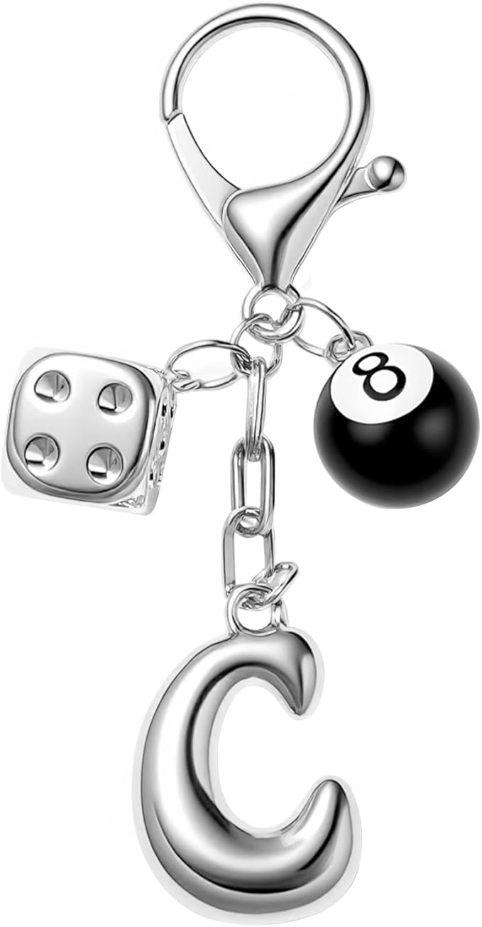 8 Ball Dice Keychain with Silver Bubble Initial - Y2K Aesthetic Cute Bag Purse Charms for Women