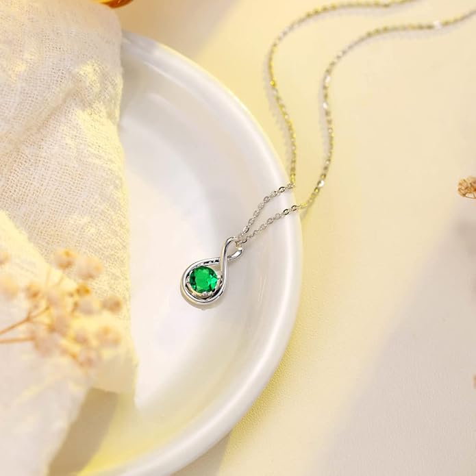 FANCIME 14K Solid Gold Birthstone Pendant with Sterling Silver Chain Infinity Gemstone Necklace Fine Jewelry Anniversary Birthday Christmas Gifts for Women Wife Her