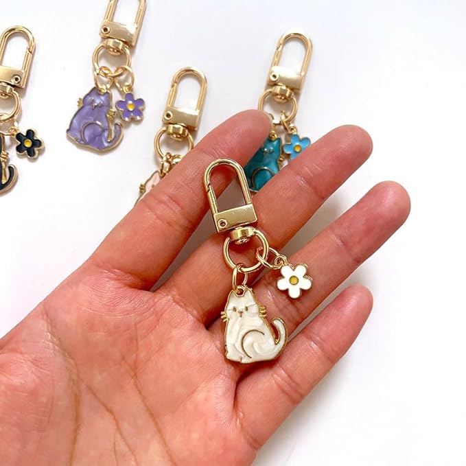 Cat Keychain For Women, Enamel Flower Shell Pearl Colorful Flow Hemp Cartoon Small And Cute Charm Gift Accessories