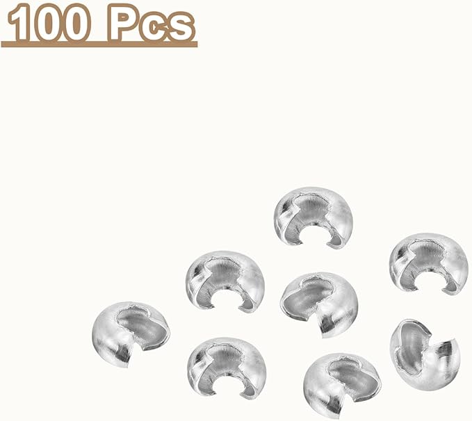 uxcell 100pcs Crimp Bead Covers, 4mm/0.16" Half Round Open Crimp Beads Knot Cover Metal Small Loose Beads End Tip for Bracelet Jewelry Making Craft DIY, White Gold