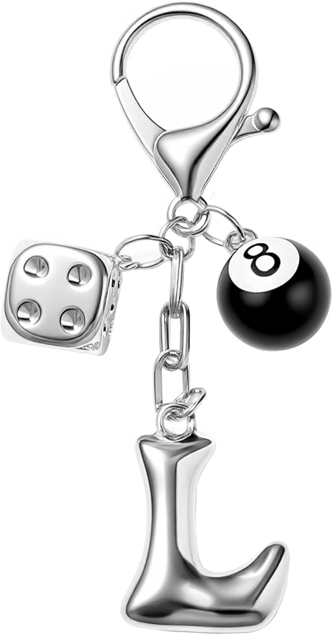 8 Ball Dice Keychain with Silver Bubble Initial - Y2K Aesthetic Cute Bag Purse Charms for Women