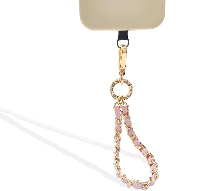 Phone Wrist Strap with Metal Chain Phone Lanyard Wrist with 2 Tether Tabs Metal Leather Cellphone Charm Phone Chain