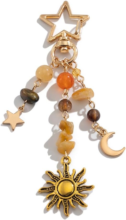 Sun Moon Star Keychain Y2k Aesthetic Boho Hippie Keychain Crystal Beads Bag Purse Charms for Handbags Thanksgiving Fall Gift
