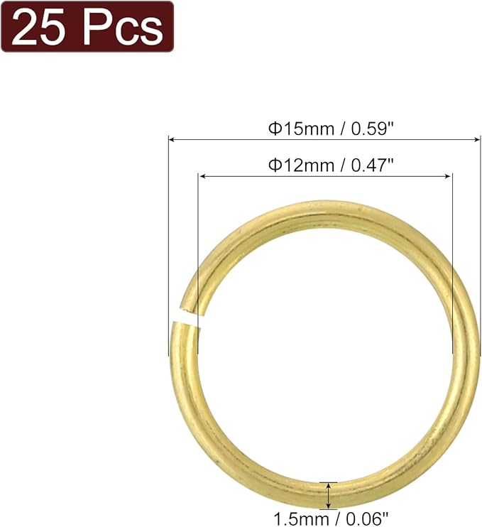 uxcell 25Pcs Open Jump Rings, 15mm/0.59" OD Brass Jump Ring Connectors 1.5mm Thick O Rings for Necklaces Bracelet Jewelry Making Keychain DIY Craft, Gold Tone