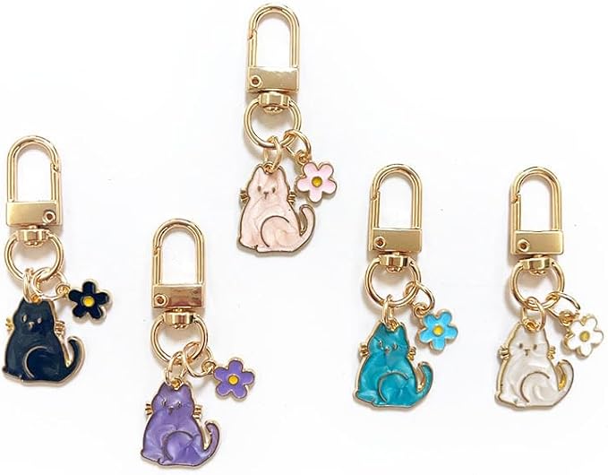 Cat Keychain For Women, Enamel Flower Shell Pearl Colorful Flow Hemp Cartoon Small And Cute Charm Gift Accessories