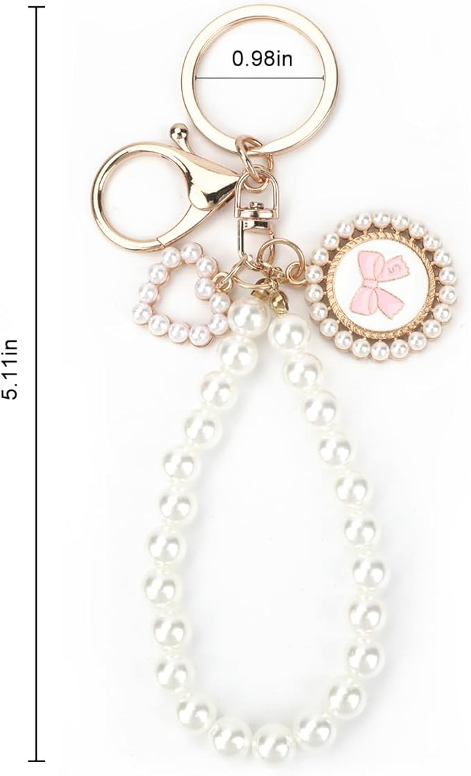 Pearl Keychain with White Bow,Beaded Wristlet Keychains Mother's Day Gift for Women Bow Key Charms