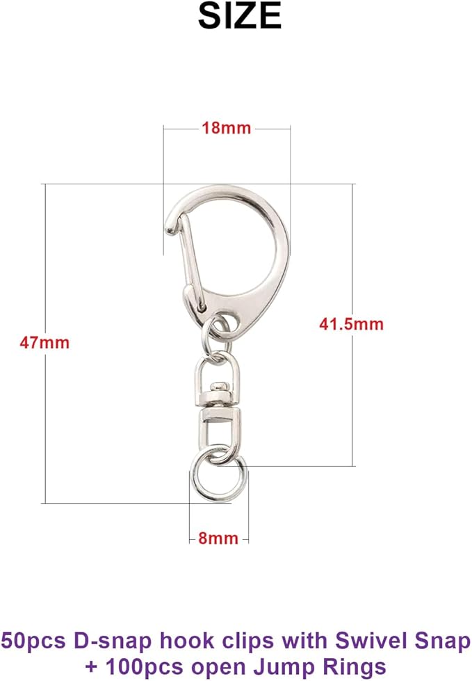 50 Sets Lobster Claw Clasps Keychain Clip D-snap Hook Clips with Swivel Snap and Open Jump Rings for Silver DIY Making Trinket Crafts Diameter 0.7inch (18mm)