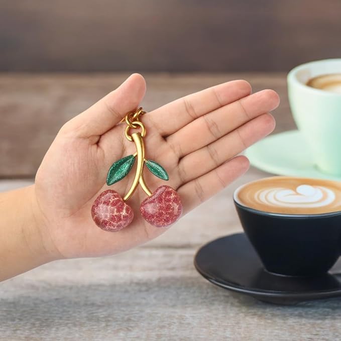 Cherry Keychain for Purse - Resin Alloy Silver Cherry Bag Charm，Cute Fruit Accessory for Women/Gift/Home/Car