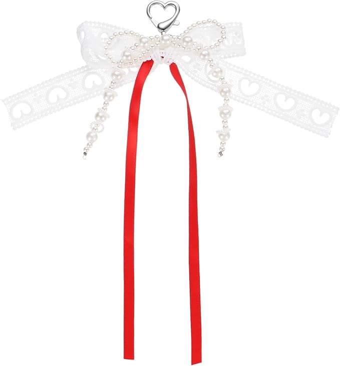 MECCANIXITY Pearl Bow Keychain, Y2k Aesthetic Hollow Heart Bowknot Ribbon Keyring, Cute Bag Charm for Tote Bags Purse Handbag