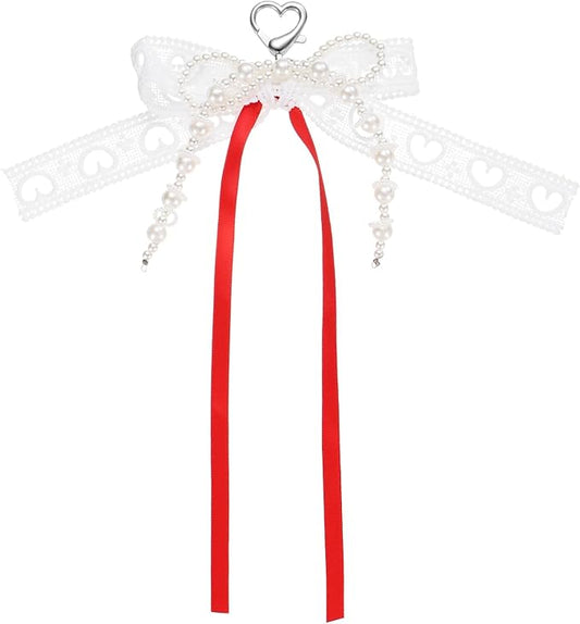 MECCANIXITY Pearl Bow Keychain, Y2k Aesthetic Hollow Heart Bowknot Ribbon Keyring, Cute Bag Charm for Tote Bags Purse Handbag