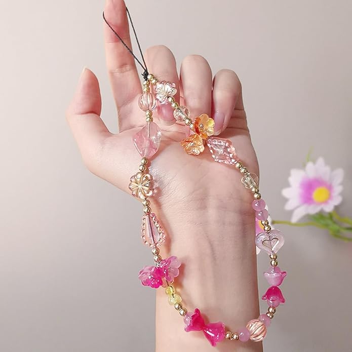 Resin Flower Phone Charm Wrist Strap Phone Chain Wristlet Beaded Camera Wrist Strap Cute Cellphone Charms Beaded Bag Charm Vintage Cellphone Keychain Aesthetic Purse Charms Decorations for Women