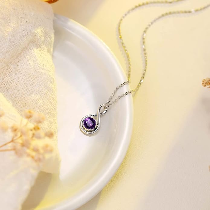 FANCIME 14K Solid Gold Birthstone Pendant with Sterling Silver Chain Infinity Gemstone Necklace Fine Jewelry Anniversary Birthday Christmas Gifts for Women Wife Her