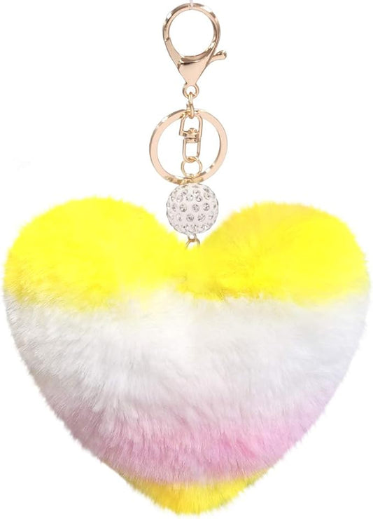 Women's Heart Faux Fur Pom Pom Key Chains Bag Accessory Puffball Keyring Backpack Charms for Girls