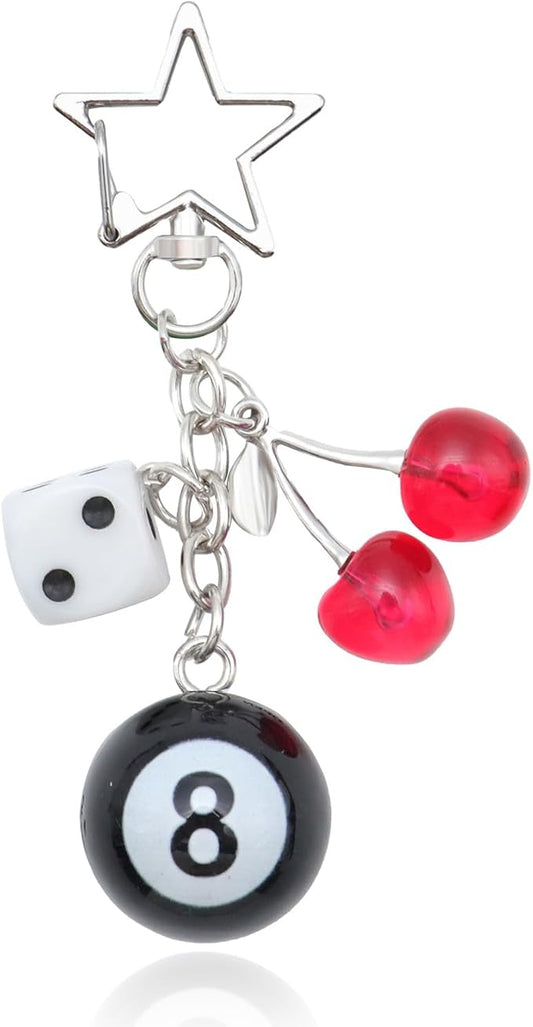 8 Ball Dice Keychain, Y2k Dice Purse Bag Charm with Cherry Star Heart Handbag Accessories for Women Men