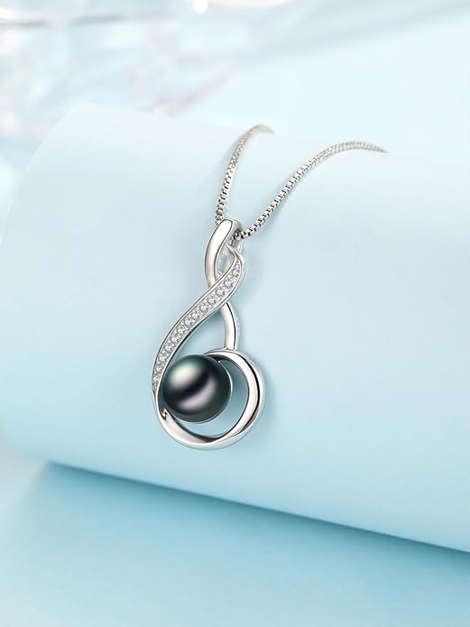 KANNSOAR Tahitian Black Pearl 18K White Gold Plated Sterling Silver Heart Pendant Necklace for Women Wife Mom Girlfriend Valentine Jewelry Gift for Mother Day Wedding Anniversary Birthday
