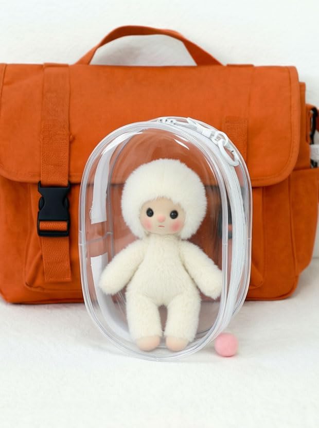 Buminee Clear Display Pouch with Detachable Keychain, Waterproof Storage Case for Stuffed Dolls, Lipstick, Keychains & Charms, 7'' Tall Clear Organizer Bag for Figures/Accessories-White 1 Pack
