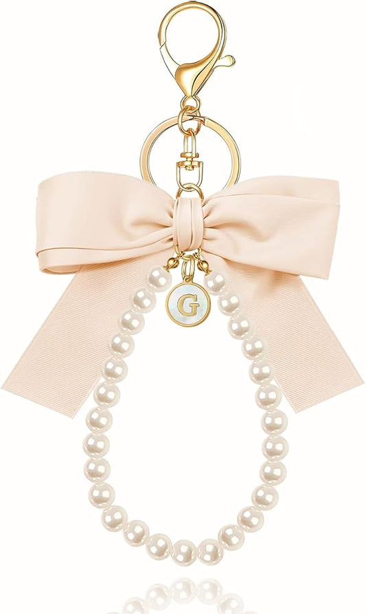 XGALBLA Initial Letter Cute Coquette Bow Keychain for Women, Wristlet Simulated Pearl Keychains Bag Charms for Handbags