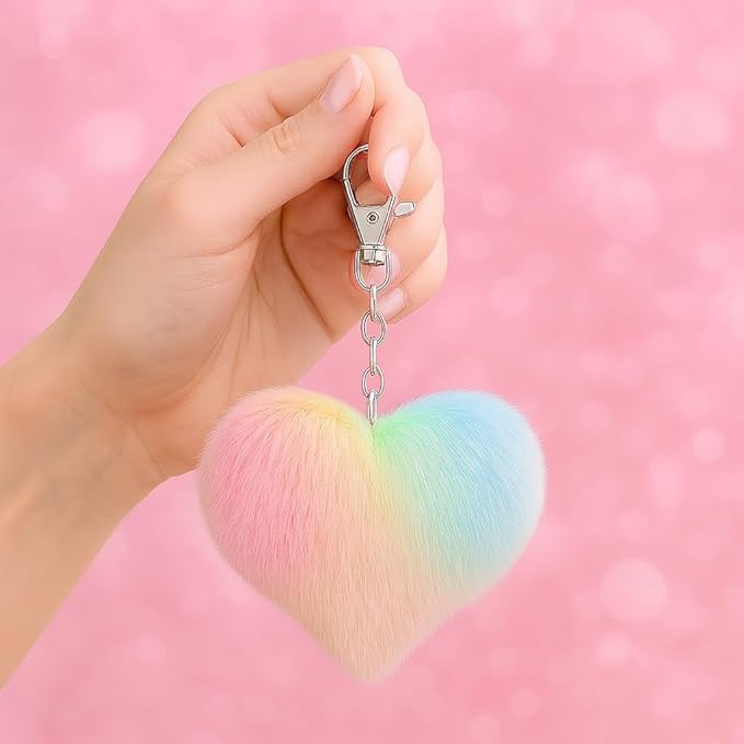 Heart Keychain – Fluffy Rainbow Heart Keychains Bag Charms for Women with Pink Orange Yellow Green Blue Gradient Plush and Soft Touch, Cute Key Chains Gifts for Rainbow Lovers