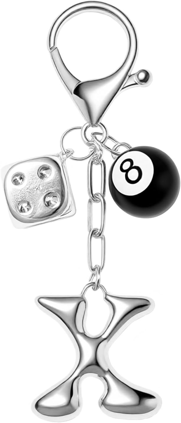 8 Ball Dice Keychain with Silver Bubble Initial - Y2K Aesthetic Cute Bag Purse Charms for Women