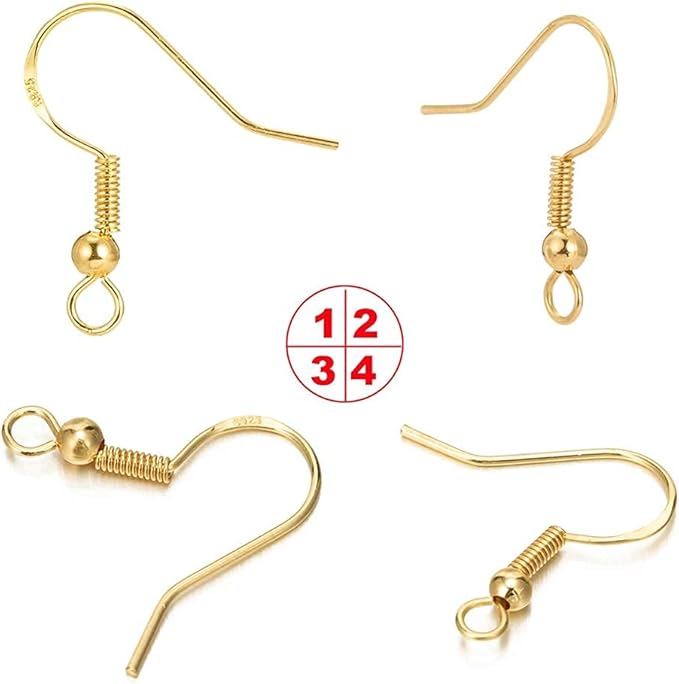 S925 Sterling Silver Earring Hooks - 8Pcs/4 Pairs Hypoallergenic 18K Gold Plated Ear Wires Fish Hooks for Jewelry Making, Jewelry Findings Parts with Rubber Earring Backs Stopper for DIY Jewelry