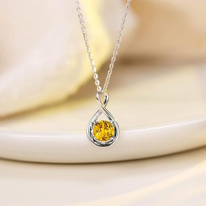 FANCIME 14K Solid Gold Birthstone Pendant with Sterling Silver Chain Infinity Gemstone Necklace Fine Jewelry Anniversary Birthday Christmas Gifts for Women Wife Her