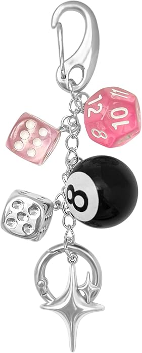 Y2K Keychain for Women, 8 Ball Dice Charm with Carabiner Clip - Cute Goth Core Keychain Bag Charm for Keys Bags Jeans