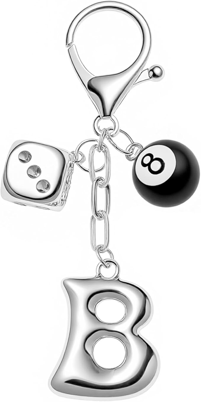 8 Ball Dice Keychain with Silver Bubble Initial - Y2K Aesthetic Cute Bag Purse Charms for Women