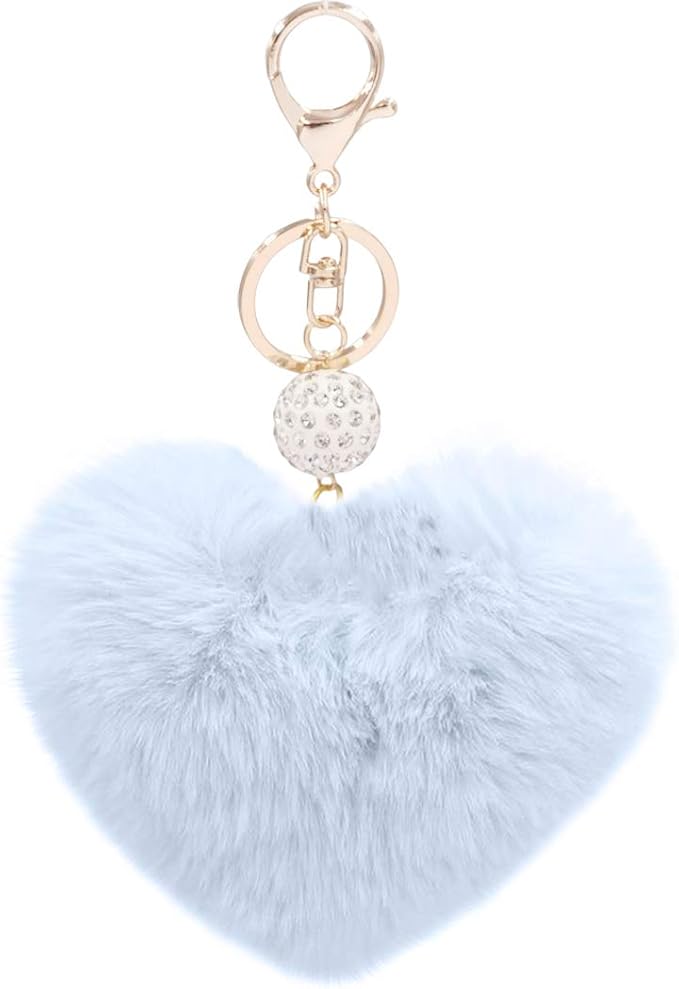 Women's Heart Faux Fur Pom Pom Key Chains Bag Accessory Puffball Keyring Backpack Charms for Girls